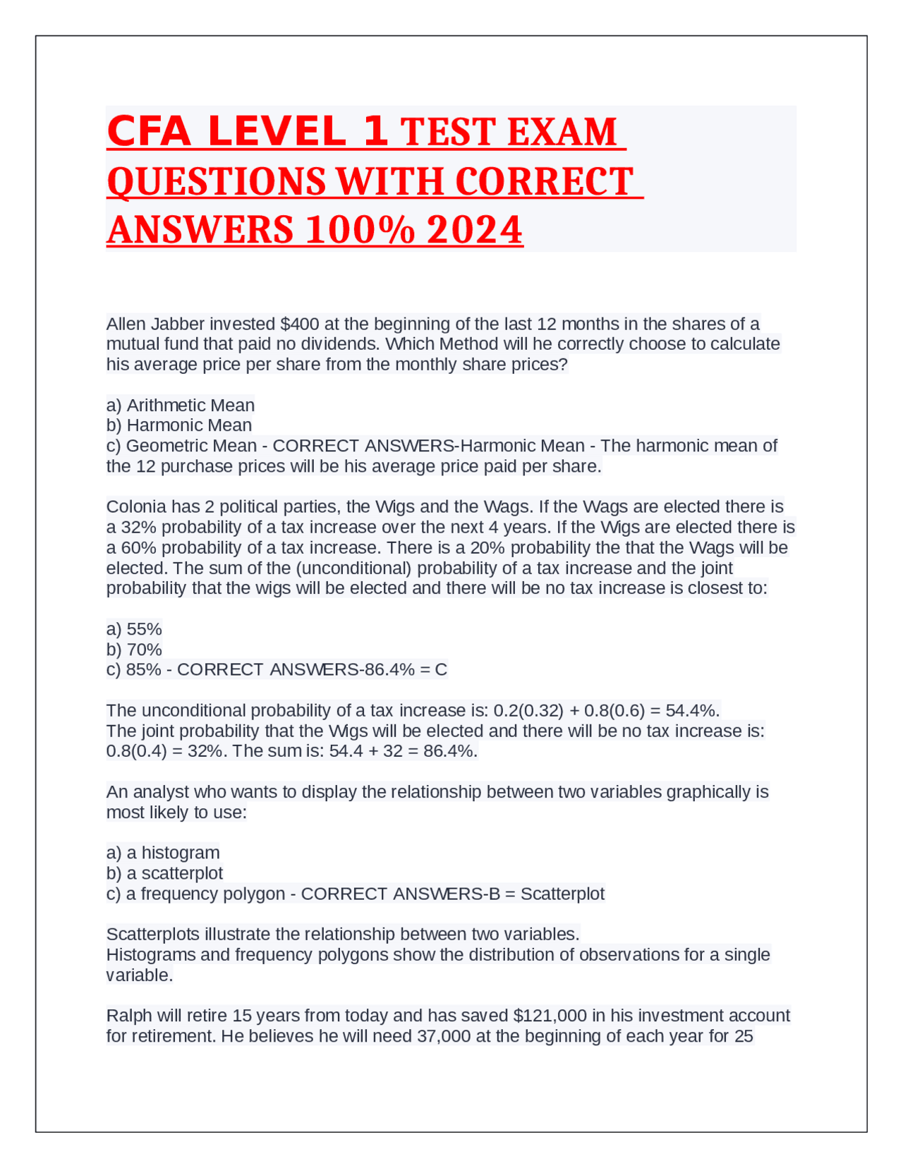 CFA Level 1 Exam Questions with Correct Answers 2024 | Exams Advanced ...