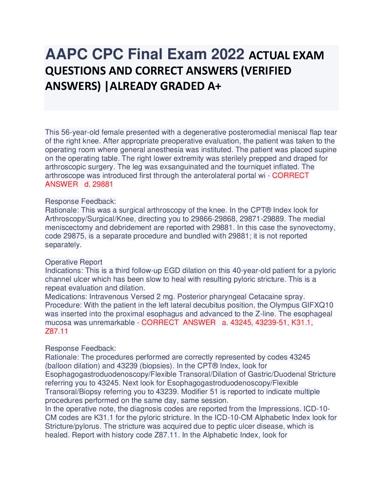 AAPC CPC Final Exam 2022 ACTUAL EXAM QUESTIONS AND CORRECT ANSWERS ...