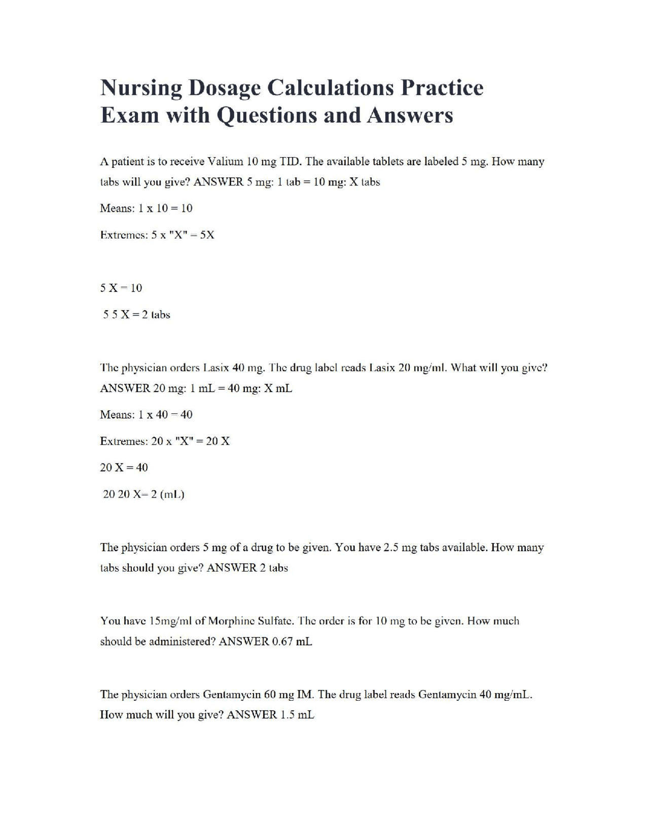 Nursing Dosage Calculations Practice Exam with Questions and Answers ...