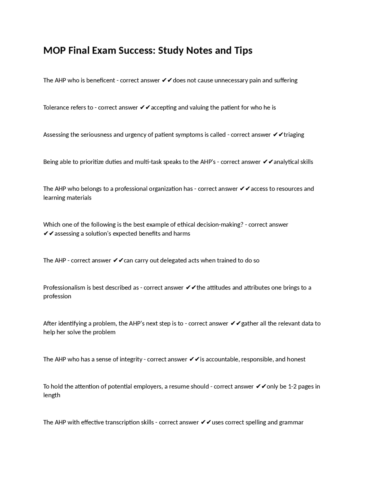 Mop Notes MOP Final Exam Success: Study Notes and Tips | Exams Nursing | Docsity
