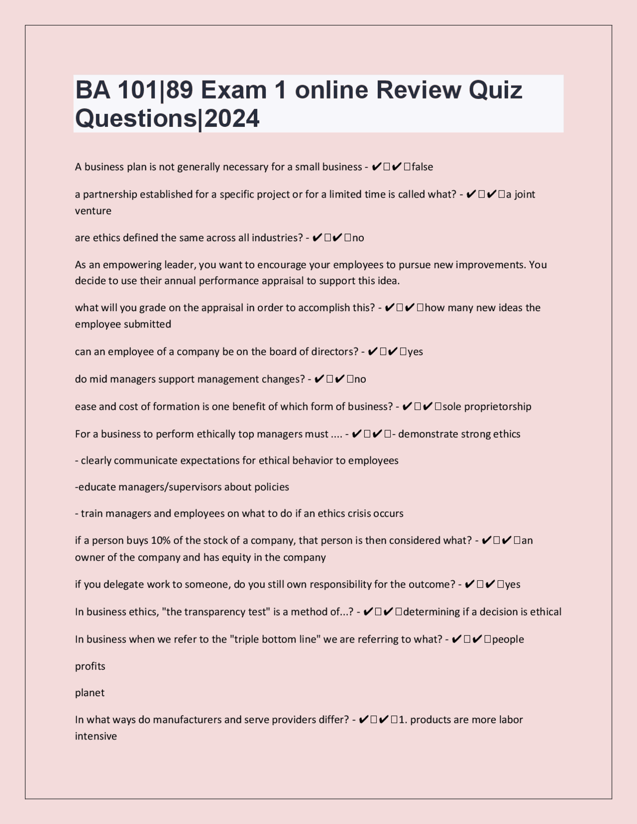 BA 101 Exam 1 Online Review Quiz: Business Fundamentals | Exams ...
