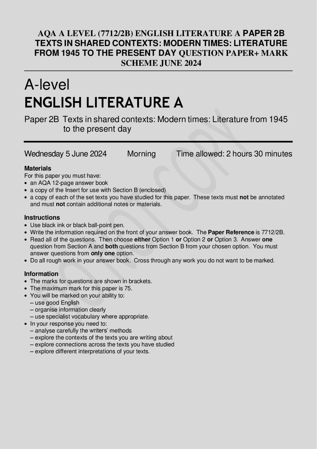 AQA A LEVEL (7712/2B) ENGLISH LITERATURE A PAPER 2B QUESTION PAPER+ ...