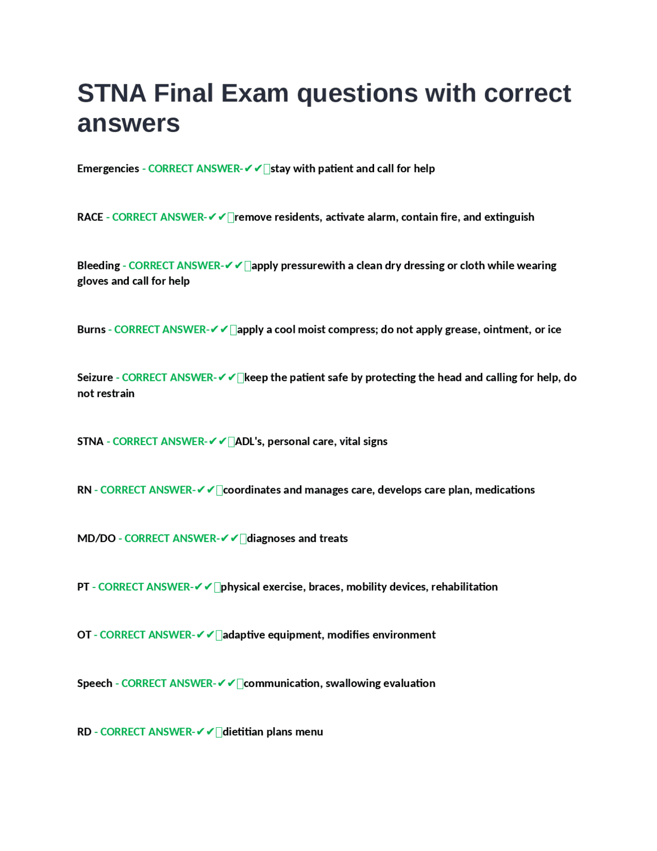 STNA Final Exam Questions and Answers | Exams Health sciences | Docsity