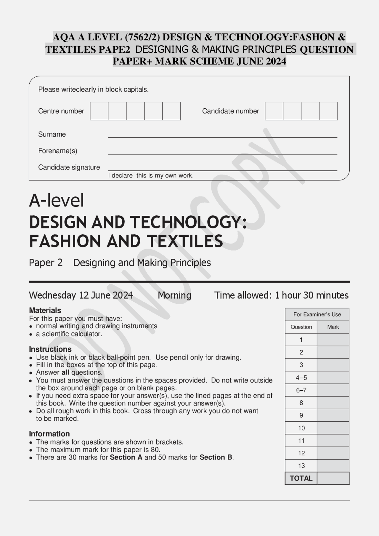 AQA A LEVEL (7562/2) DESIGN & TECHNOLOGY DESIGNING & MAKING PRINCIPLES ...