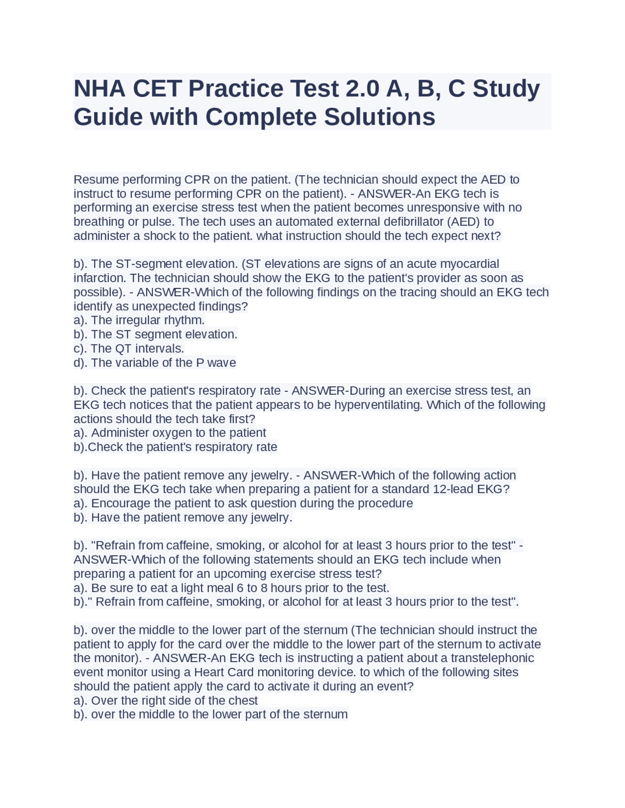 NHA CET Practice Test 2.0 A, B, C Study Guide with Complete Solutions ...