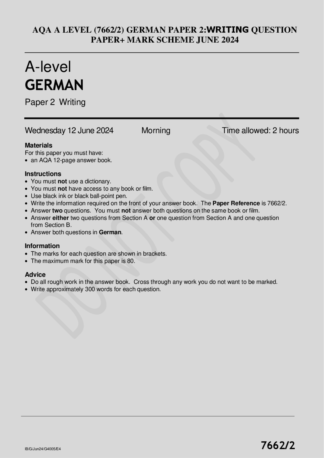 AQA A LEVEL (7662/2) GERMAN PAPER 2:WRITING QUESTION PAPER+ MARK SCHEME ...