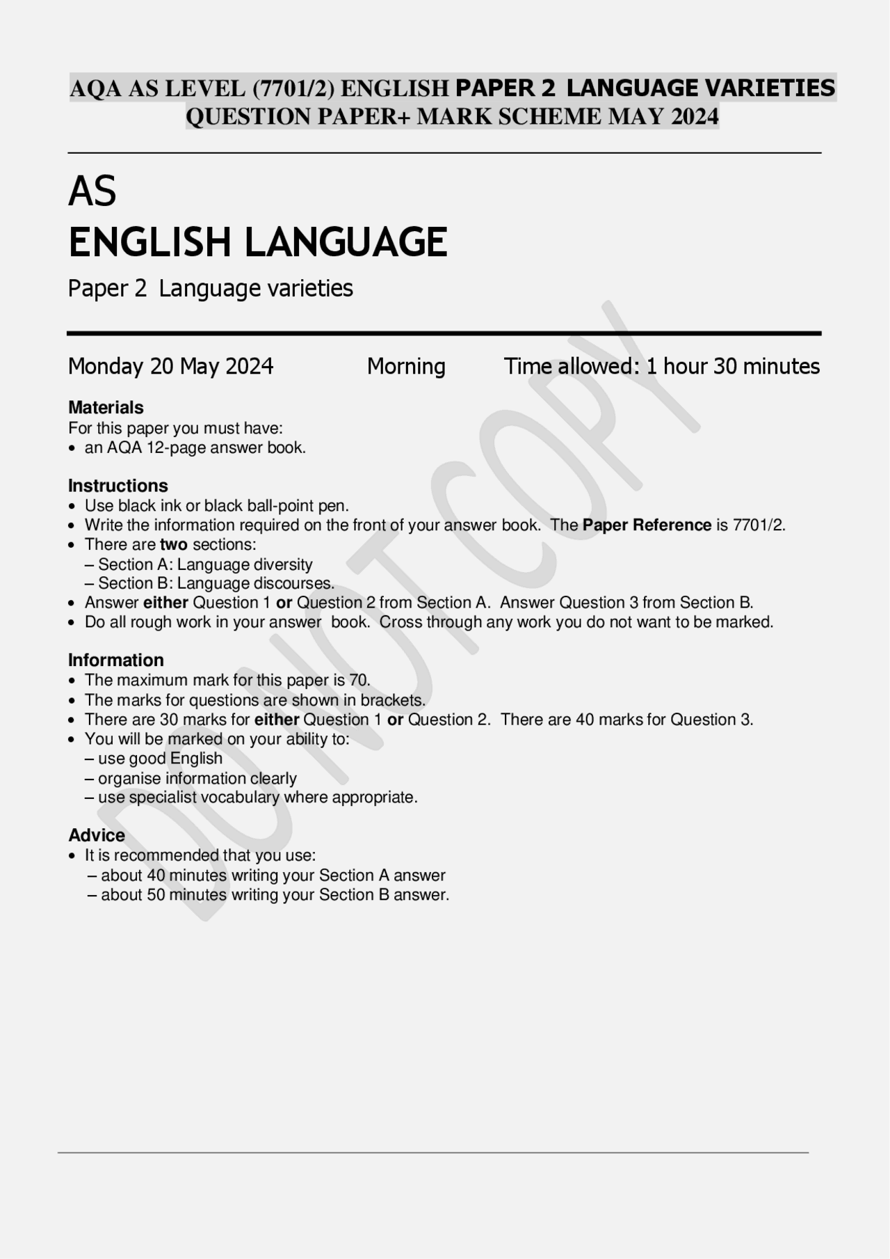 AQA AS Level English Paper 2 Language Varieties: Question Paper & Mark ...