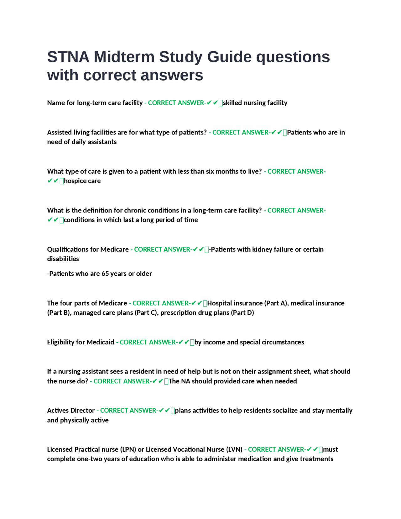 Stna Interview Questions STNA Midterm Study Guide questions with correct answers. | Exams Health ...