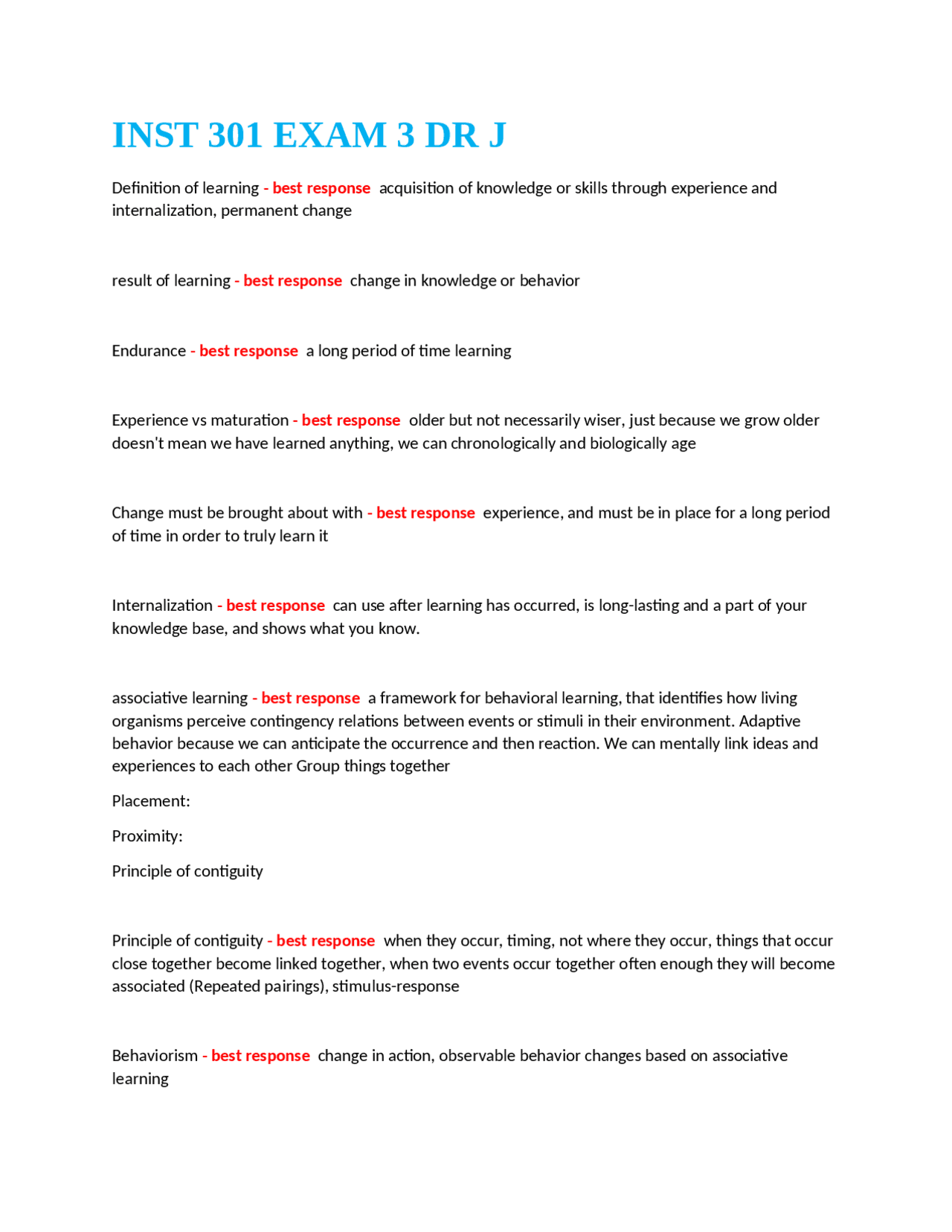 INST 301 EXAM 3 DR J | Exams Health sciences | Docsity