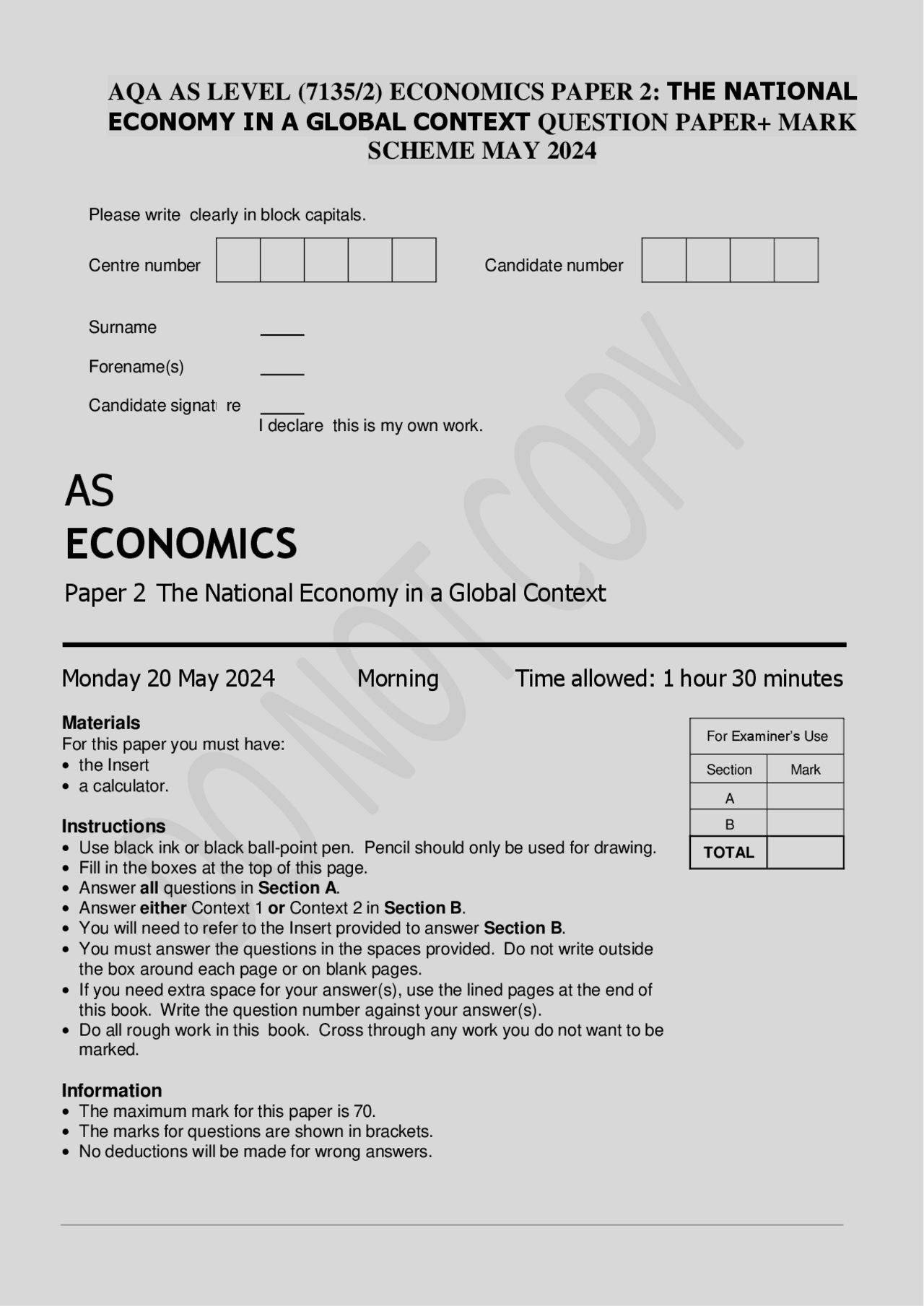 AQA AS LEVEL (7135/2) ECONOMICS PAPER 2 QUESTION PAPER+ MARK SCHEME MAY ...