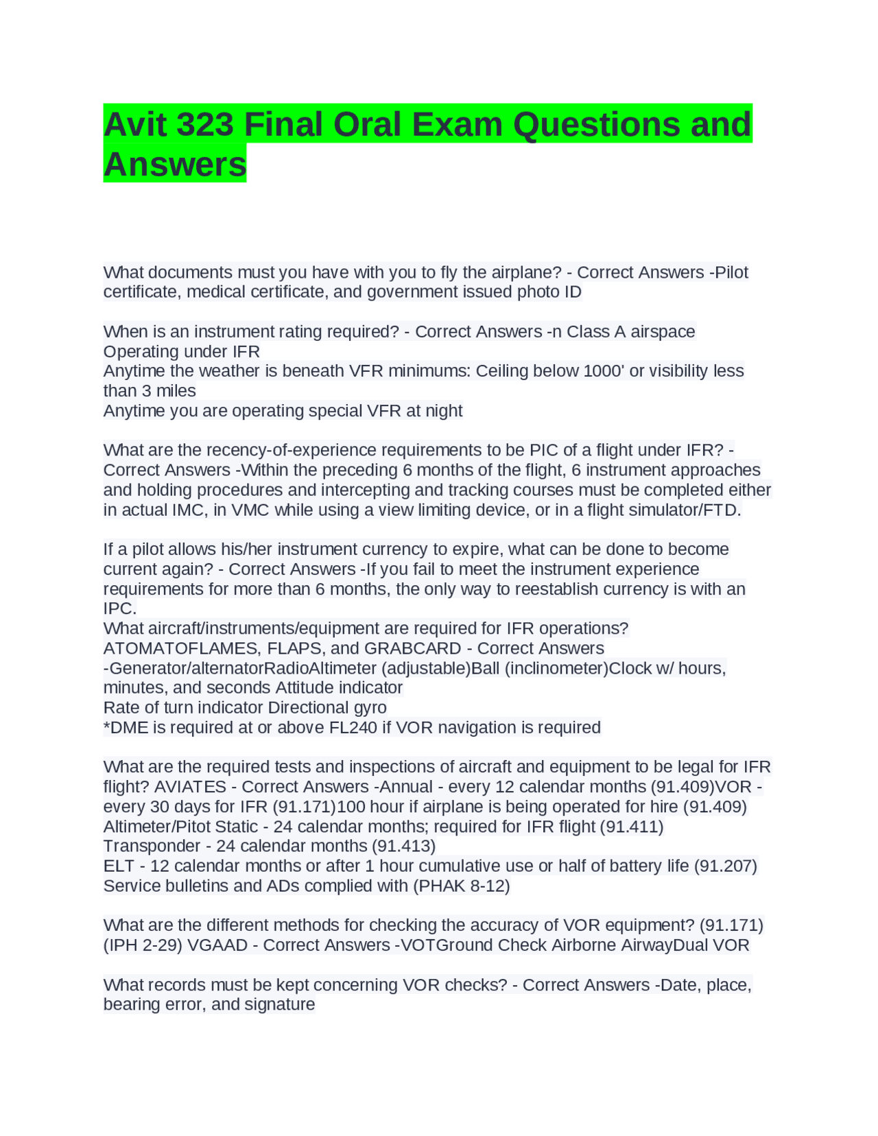 Avit 323 Final Oral Exam Questions and Answers: Aviation Regulations ...