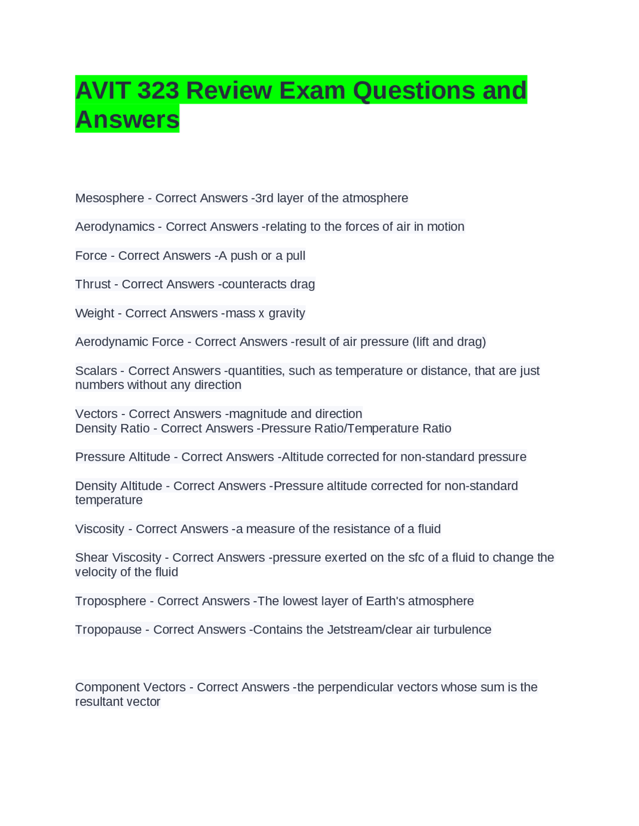 AVIT 323 Review Exam Questions and Answers: Aerodynamics and ...
