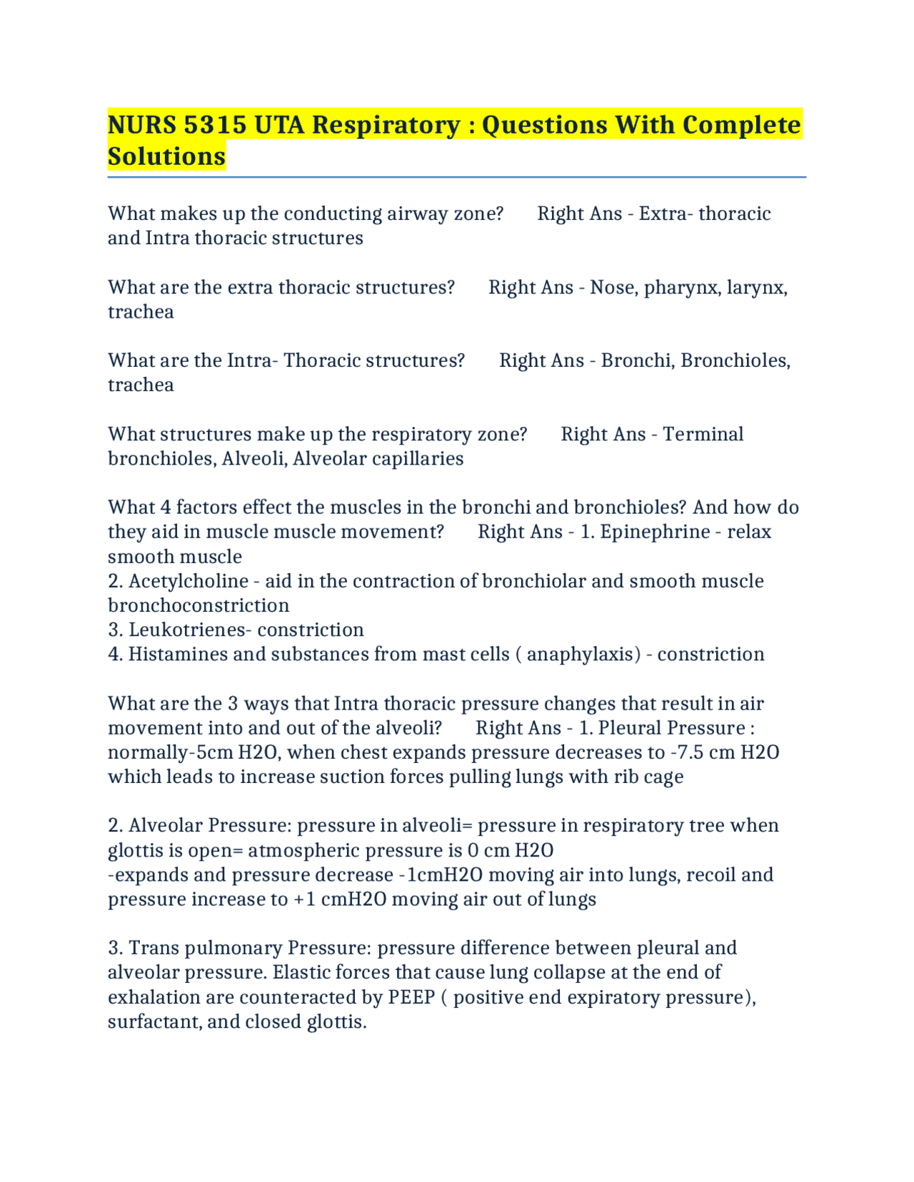 NURS 5315 UTA Respiratory : Questions With Complete Solutions | Exams ...