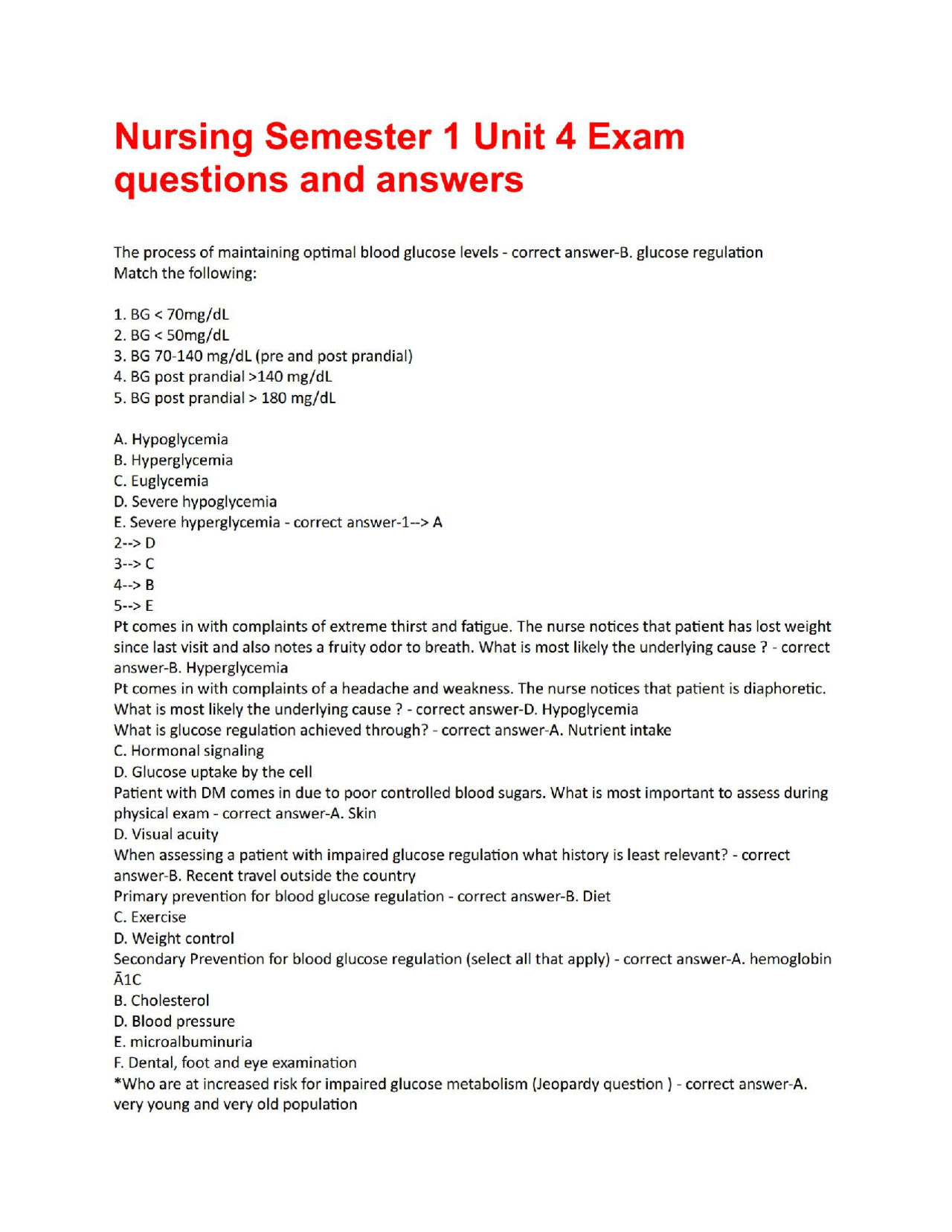 Nursing Semester 1 Unit 4 Exam questions and answers.pdf | Exercises ...