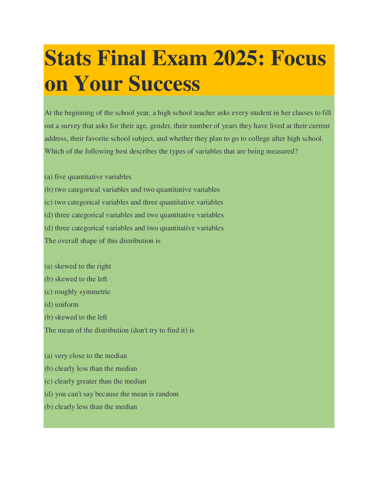 Statistics Final Exam 2025: Practice Questions and Solutions | Exams ...