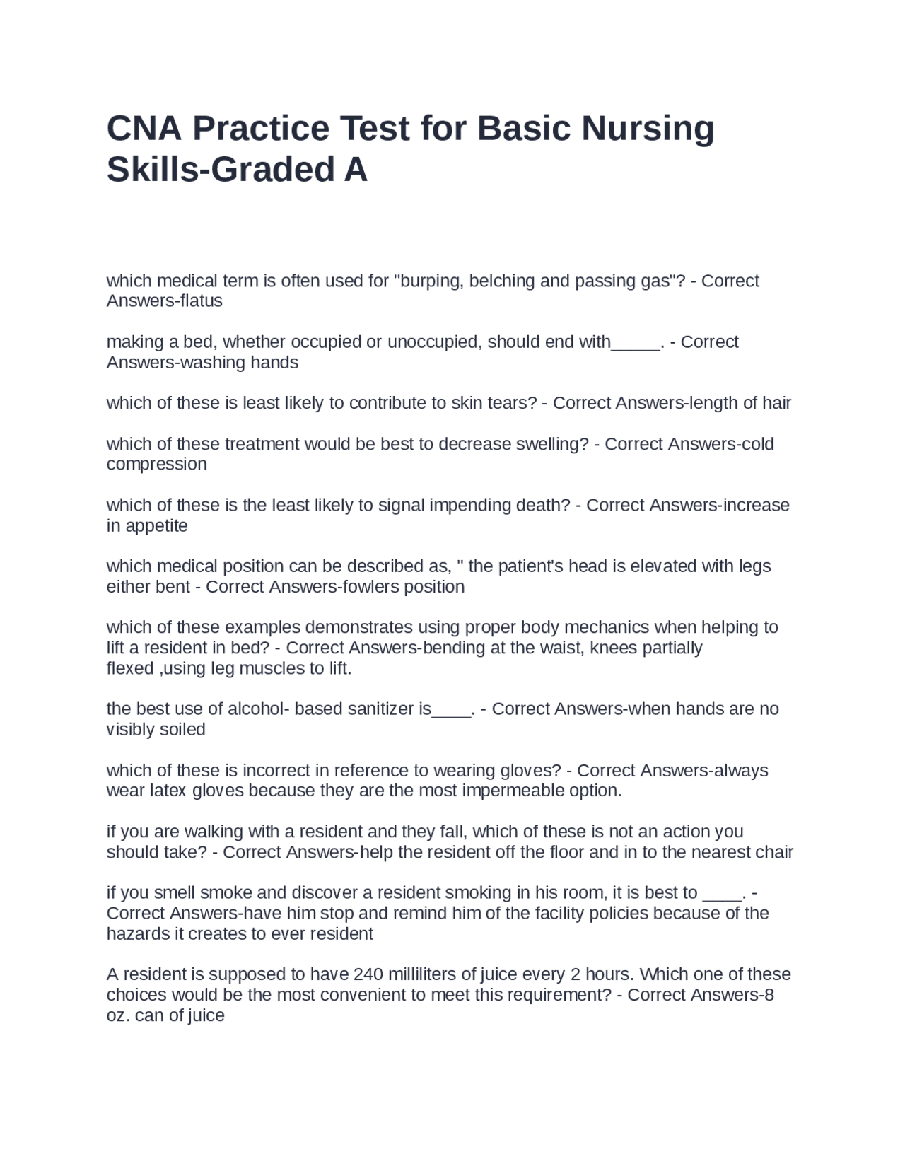 CNA Practice Test for Basic Nursing Skills | Exams Nursing | Docsity