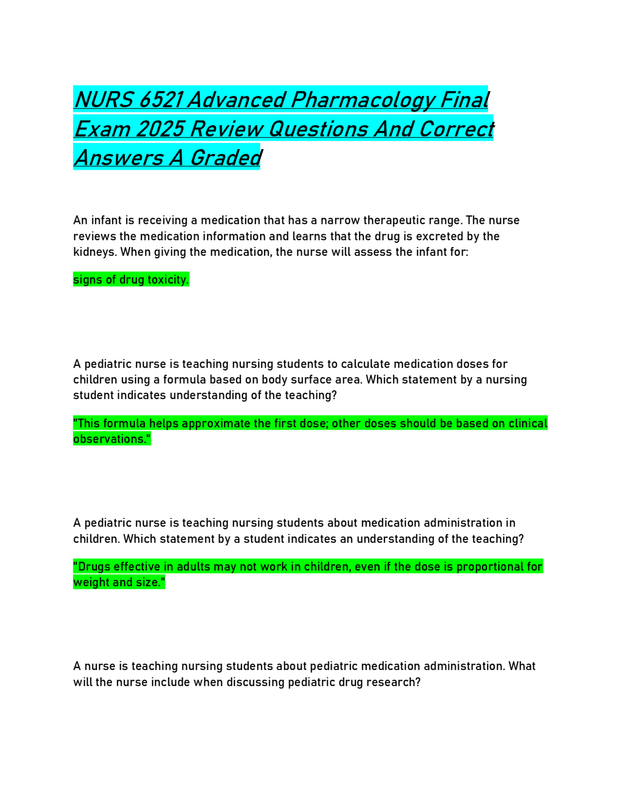 NURS 6521 Advanced Pharmacology Final Exam 2025 Review Questions And ...