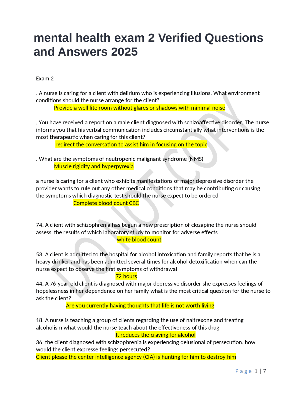 Mental Health Exam 2: Verified Questions and Answers 2025 | Exams ...