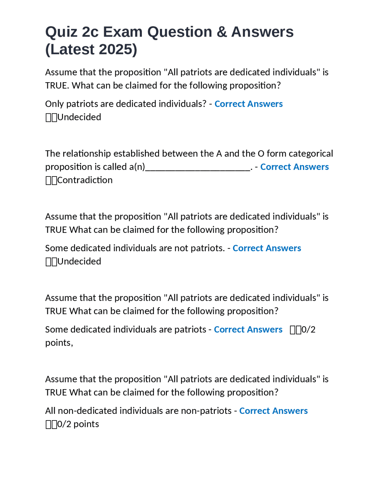 Quiz 2c Exam Question & Answers (Latest 2025): Logic and Categorical ...