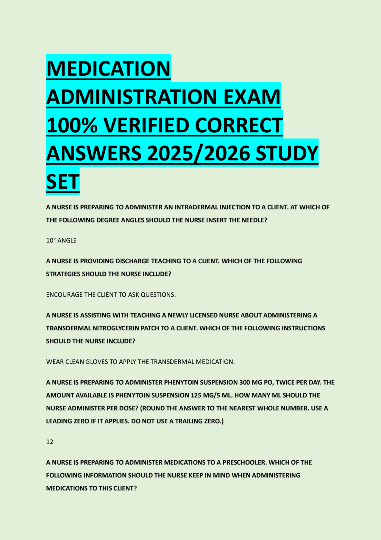 MEDICATION ADMINISTRATION EXAM 100% VERIFIED CORRECT ANSWERS 2025/2026 ...