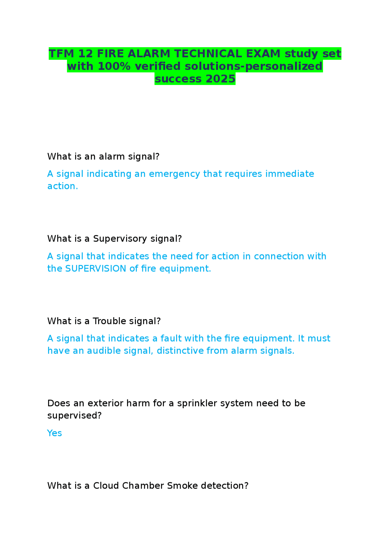 TFM 12 FIRE ALARM TECHNICAL EXAM study set with 100% verified solutions ...