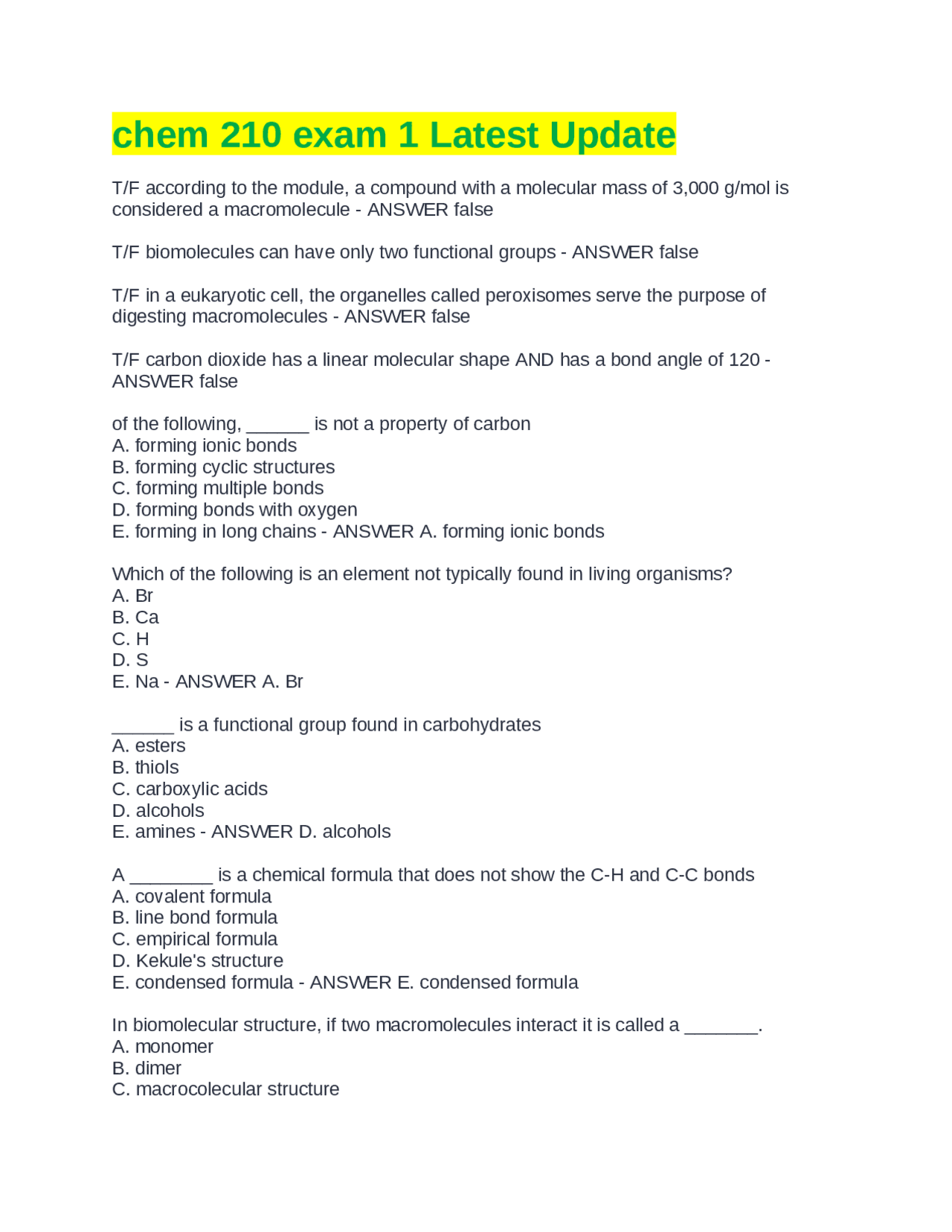 Chemistry 210 Exam 1: Practice Questions and Answers | Exams ...