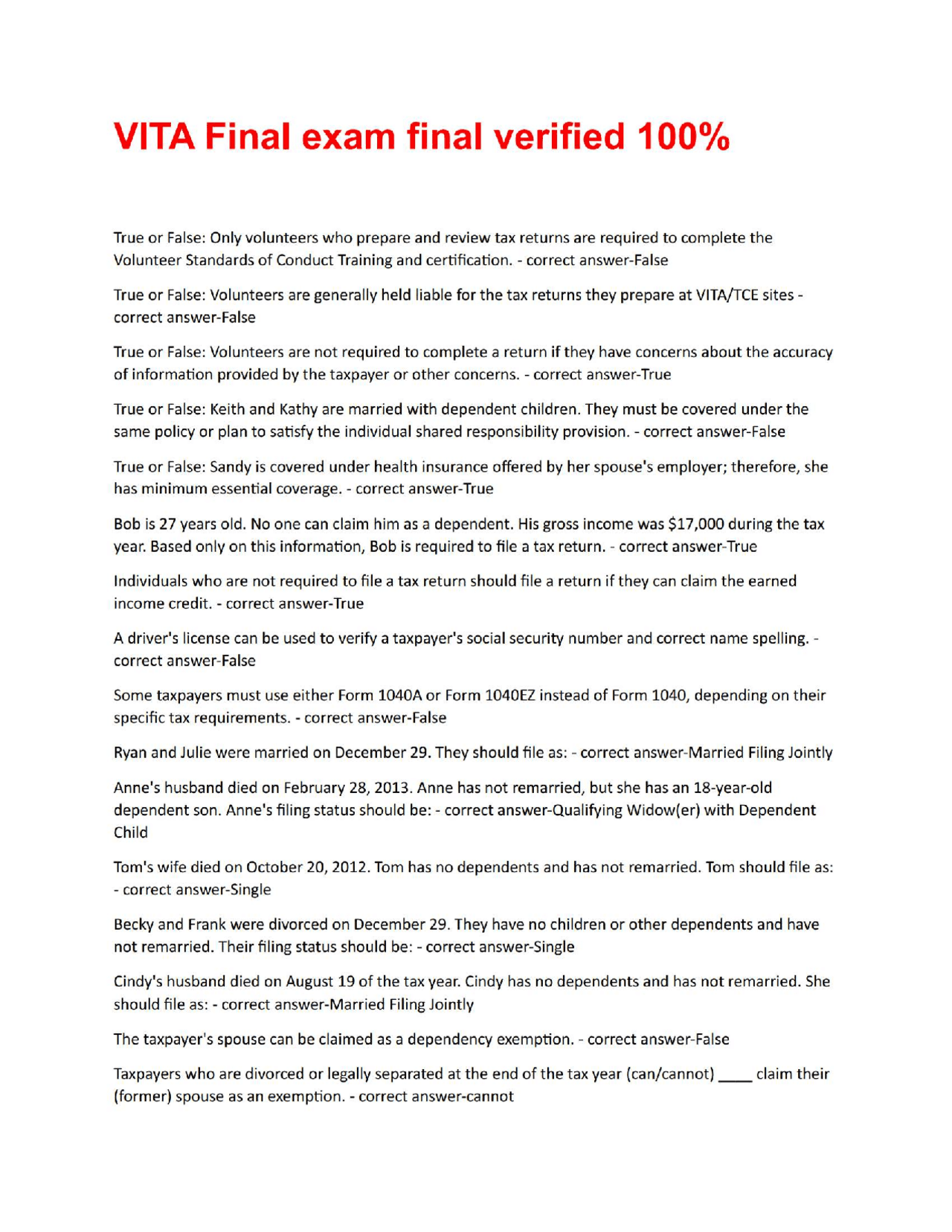 VITA Final exam final verified 100.pdf | Exercises Advanced 