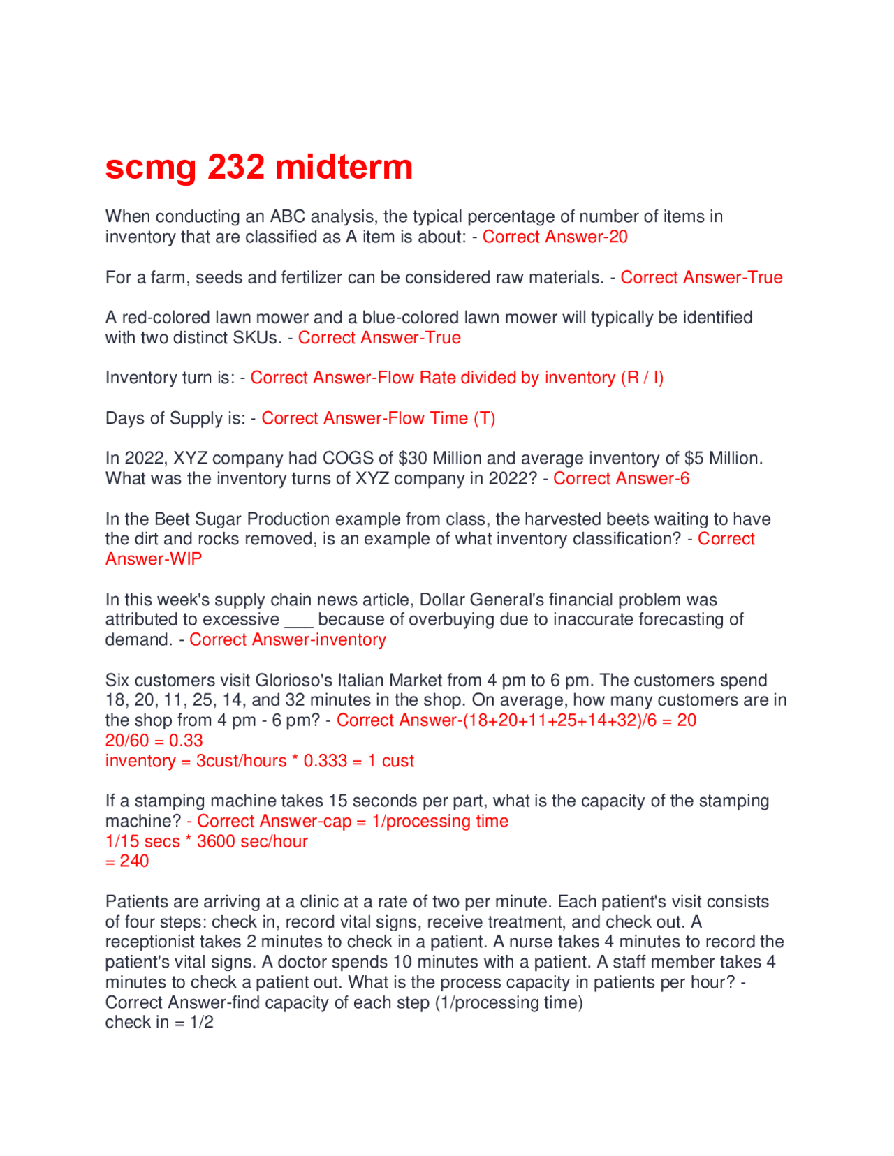 SCMG 232 Midterm: Supply Chain Management Exercises and Solutions ...