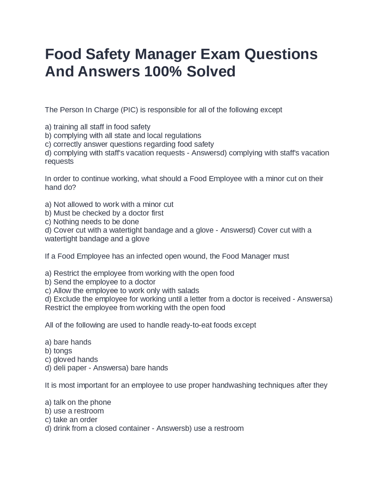 Food Safety Manager Exam Questions And Answers 100% Solved | Exams Food ...