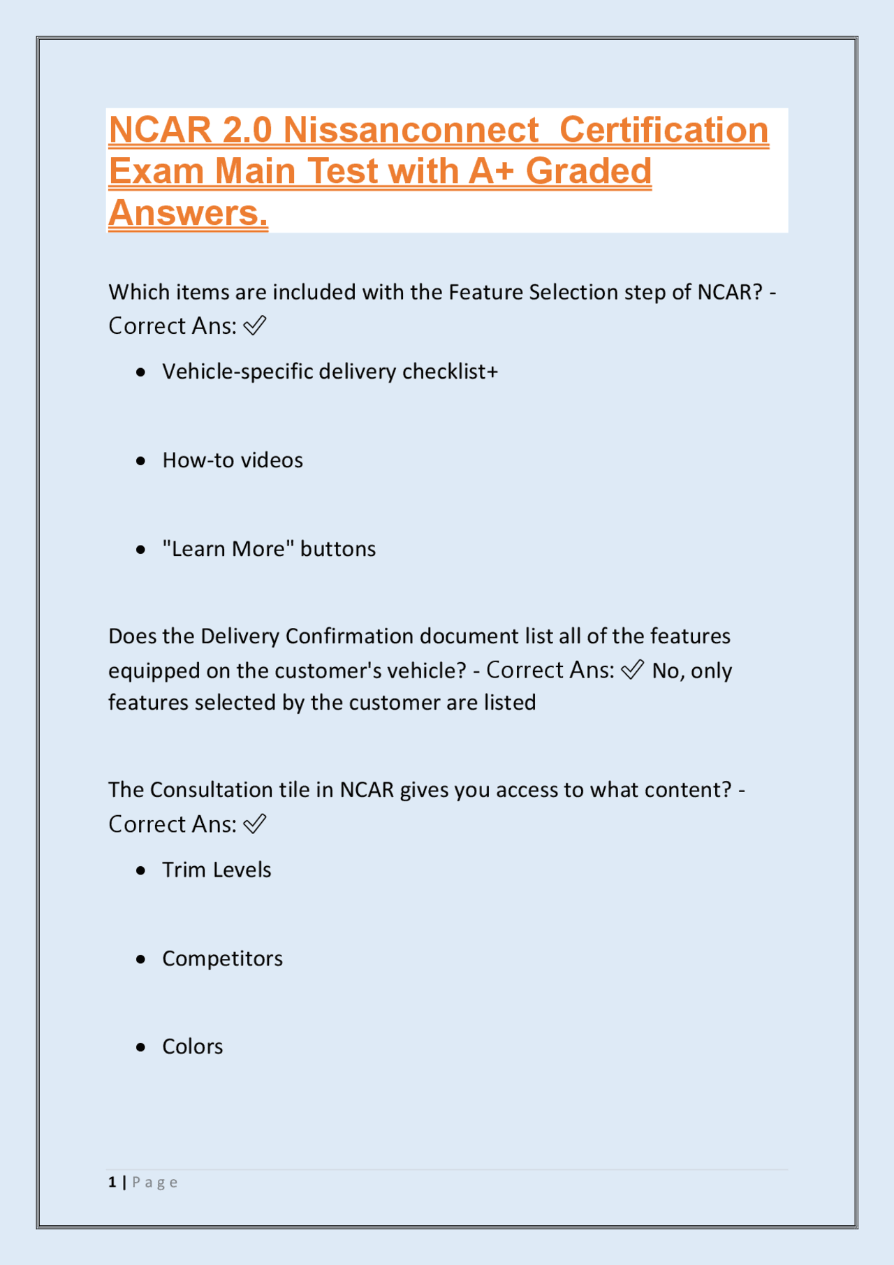 NCAR 2.0 Nissanconnect Certification Exam: A+ Graded Answers | Exams ...