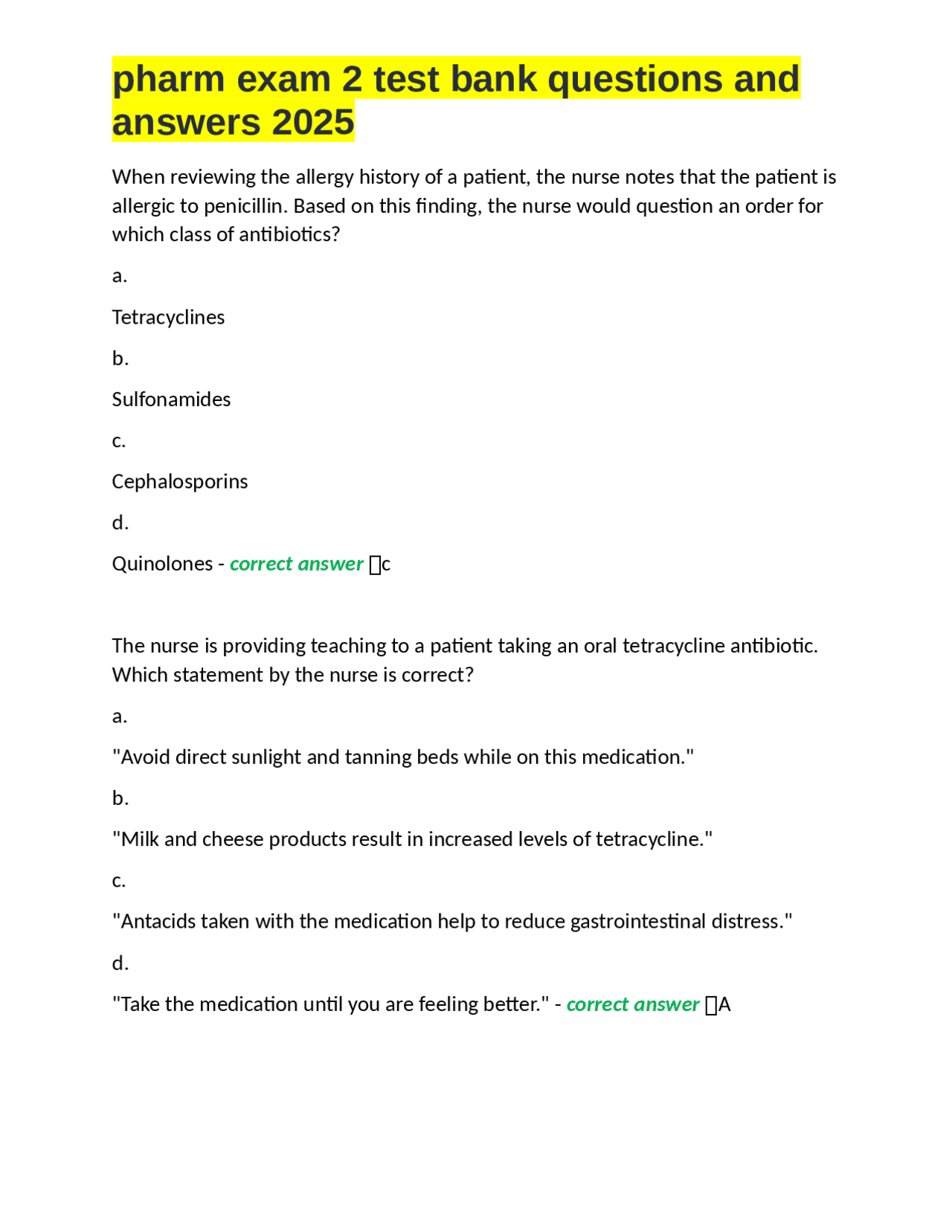 pharm exam 2 test bank questions and answers 2025 | Exams Nursing | Docsity