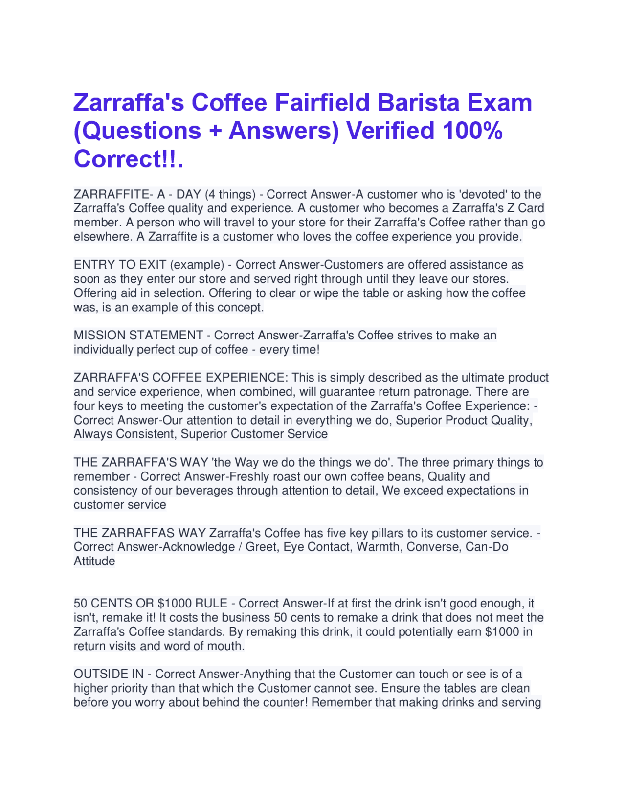 Zarraffa's Coffee Fairfield Barista Exam: Questions and Answers | Exams ...