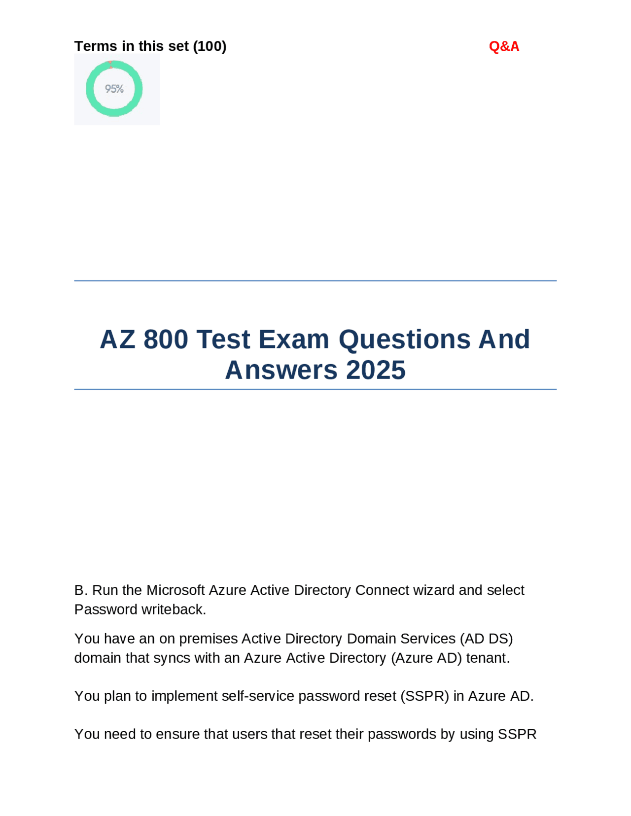 AZ 800 Test Exam Questions And Answers 2025 | Exams Nursing | Docsity
