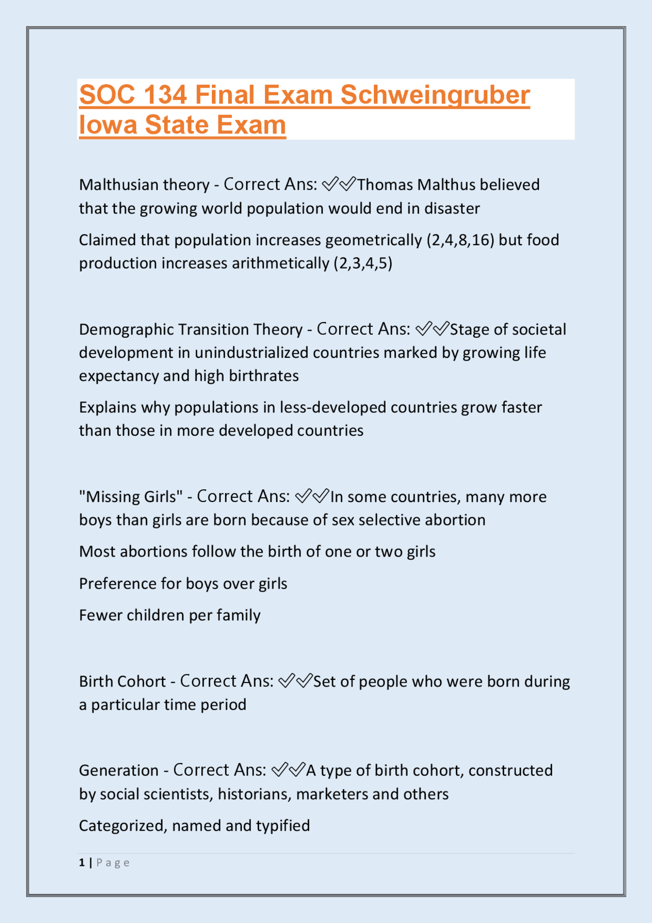 Sociology 134 Final Exam Study Guide: Key Concepts and Theories | Exams ...