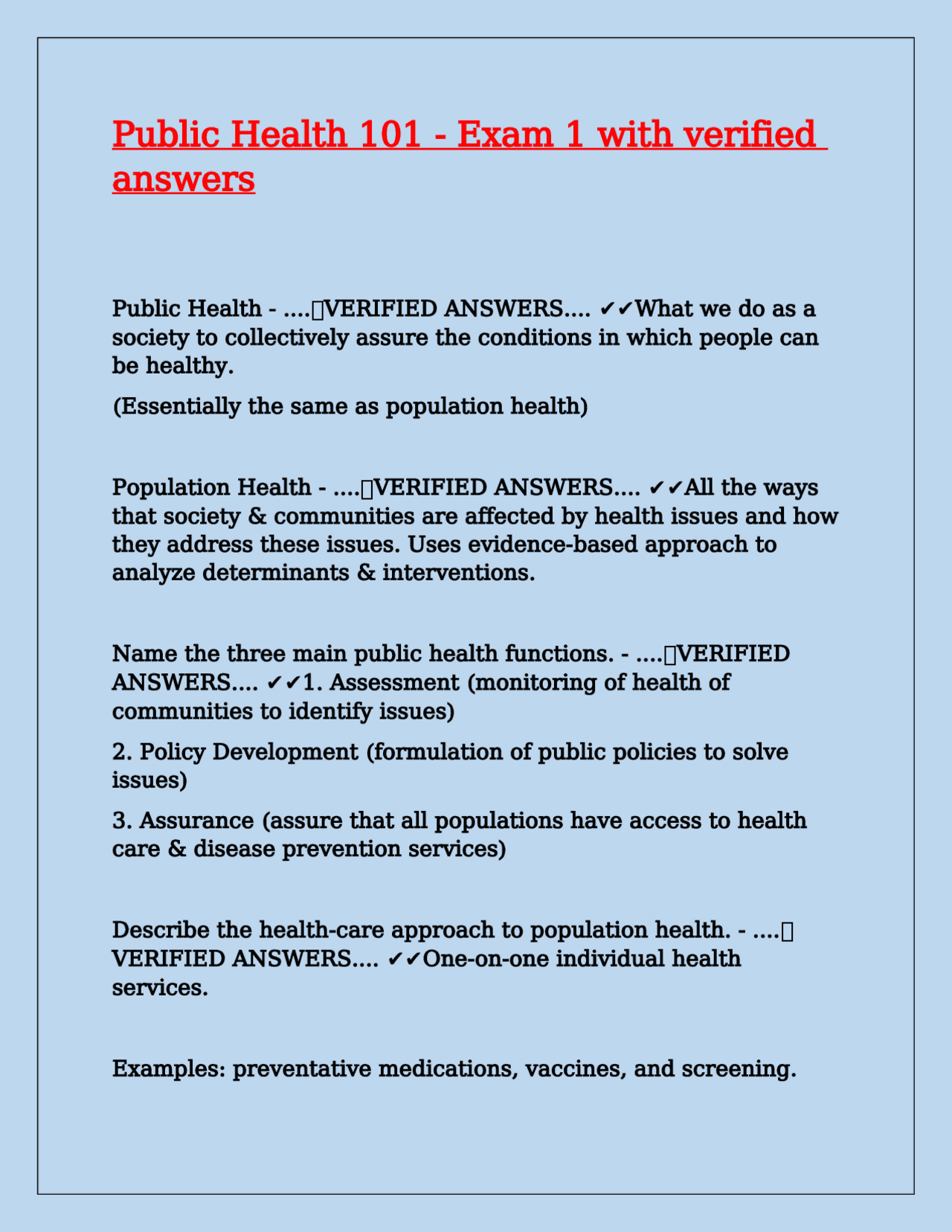 Public Health 101 - Exam 1 with verified answers | Exams Public Health ...