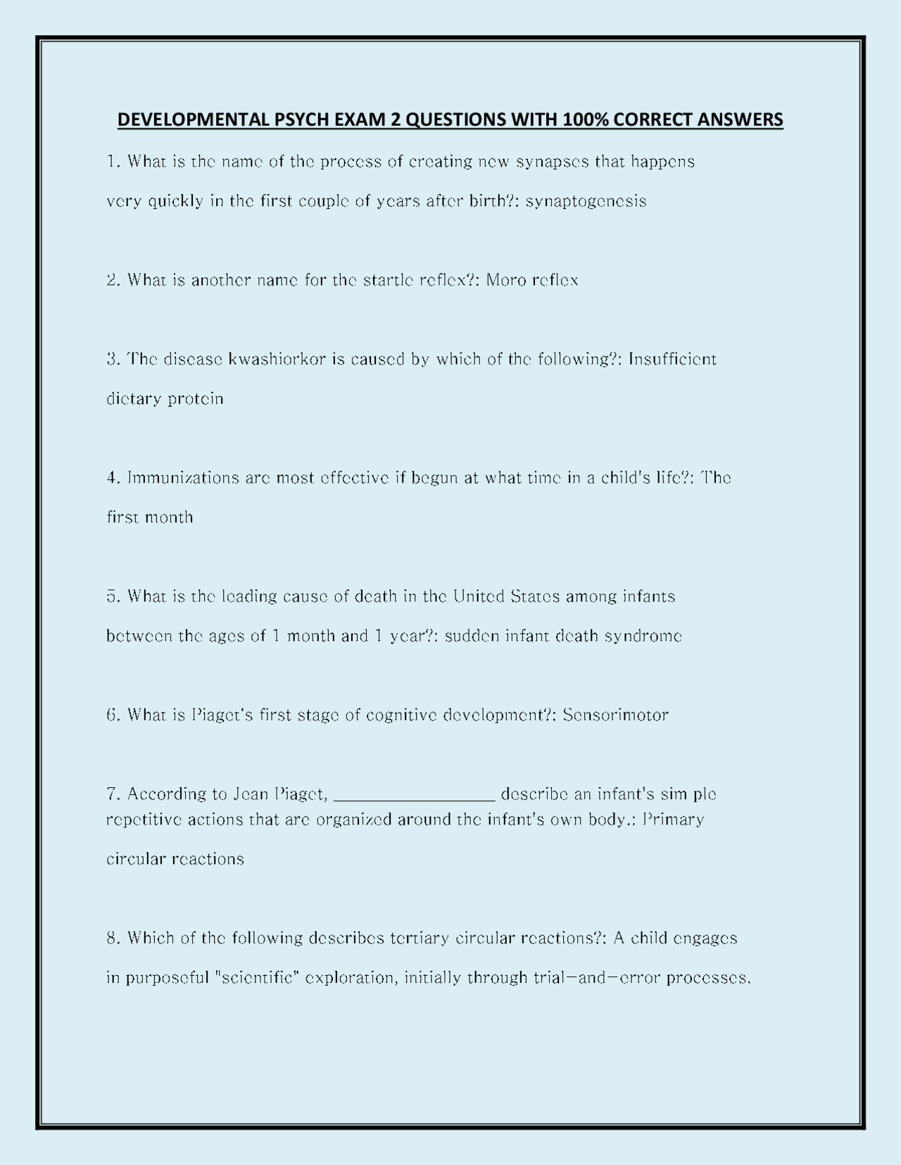 Developmental Psychology Exam 2 Questions and Answers | Exams Nursing ...