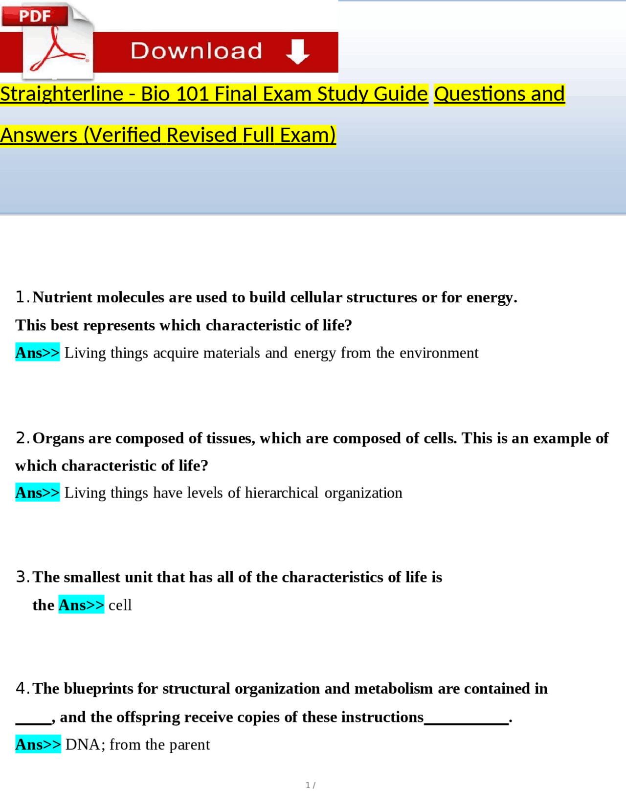 Straighterline - Bio 101 Final Exam Study Guide Questions and Answers ...