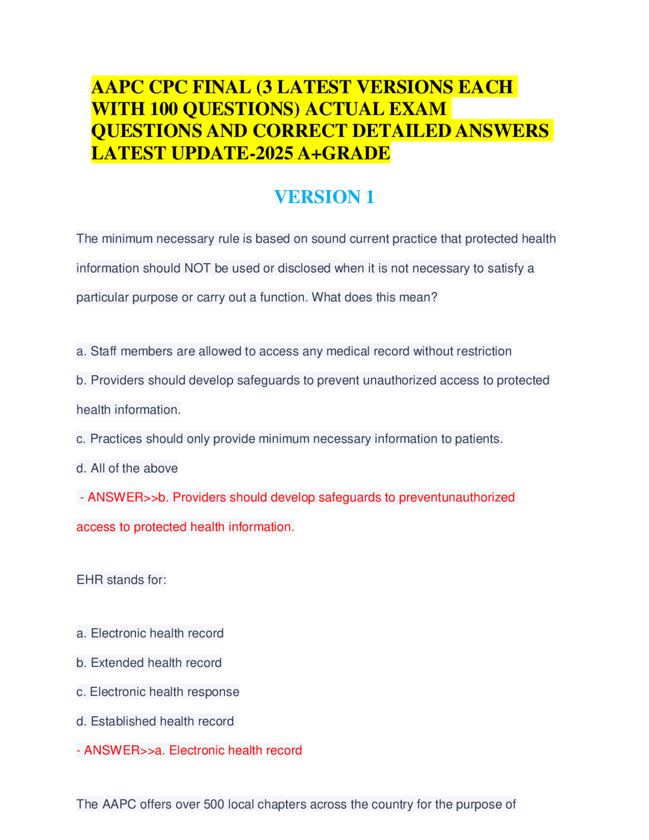 AAPC CPC Exam Questions and Answers: Latest Update 2025 | Exams ...