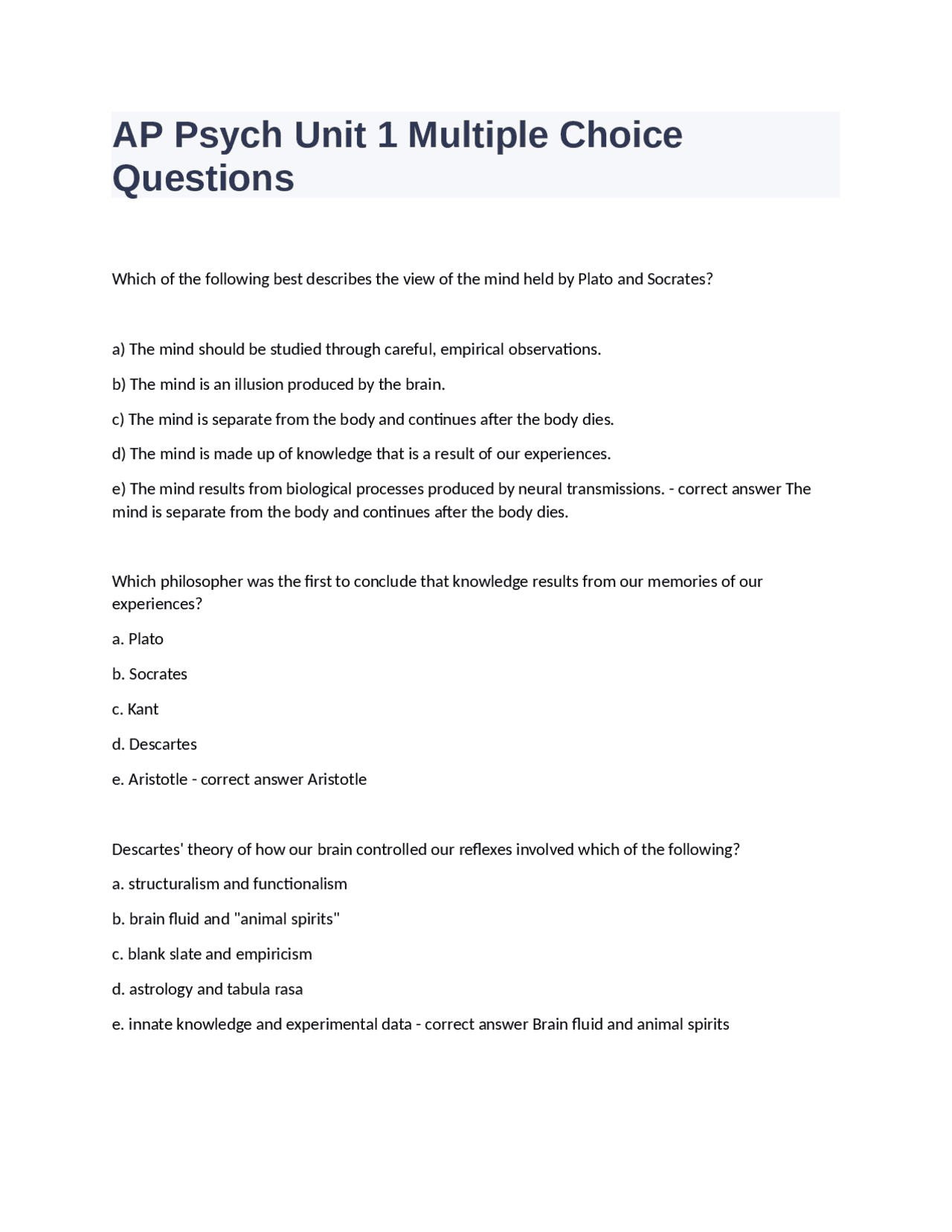 AP Psychology Unit 1 Multiple Choice Questions and Answers | Exams ...