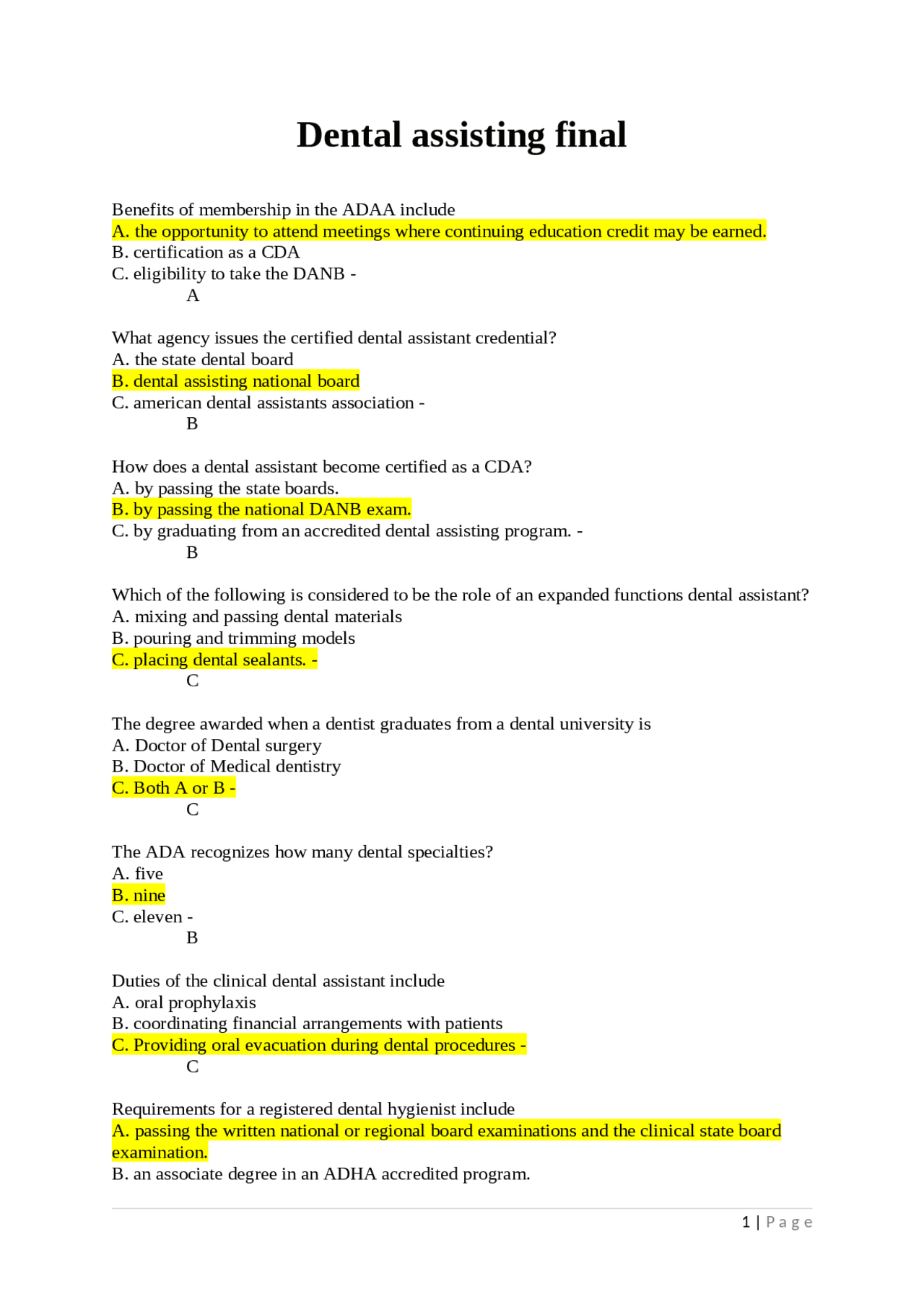 Dental Assisting Final Exam: Multiple Choice Questions and Answers ...
