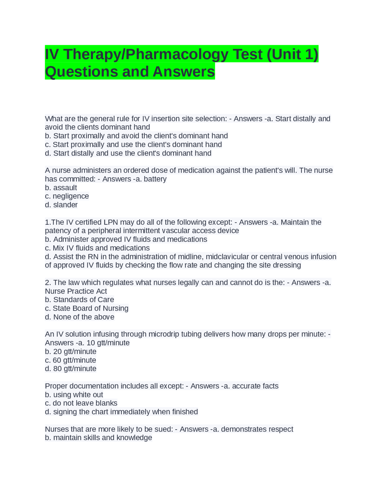 IV Therapy/Pharmacology Test (Unit 1): Questions and Answers | Exams ...