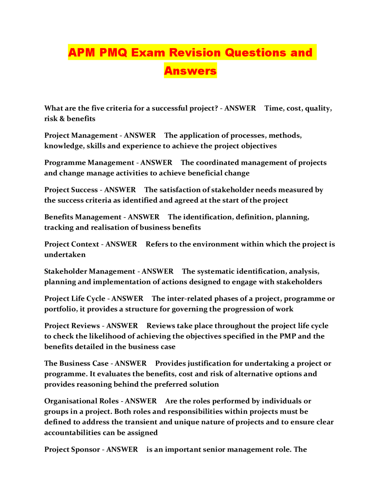 APM PMQ Exam Revision Questions and Answers: A Guide to Project ...