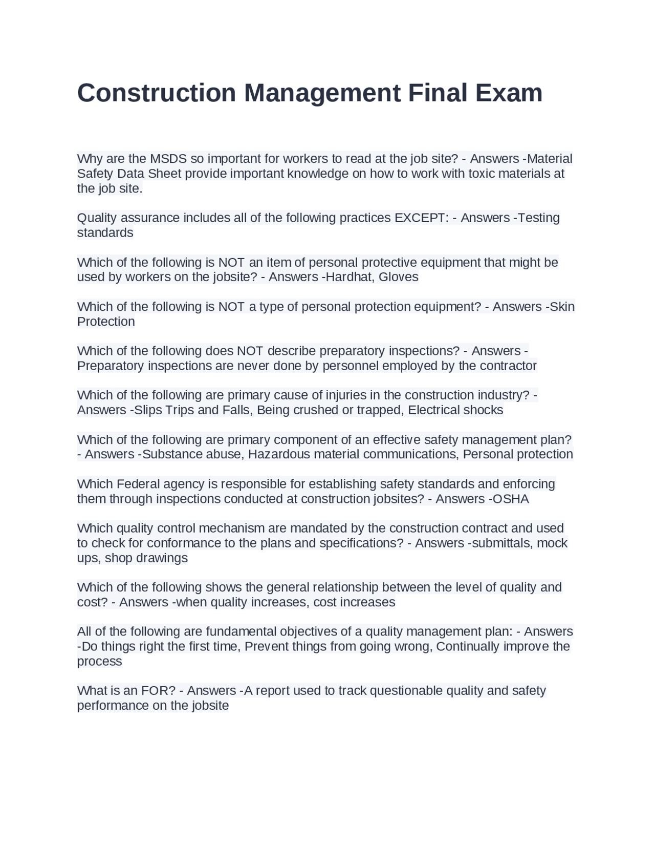 Construction Management Final Exam: Multiple Choice Questions and ...