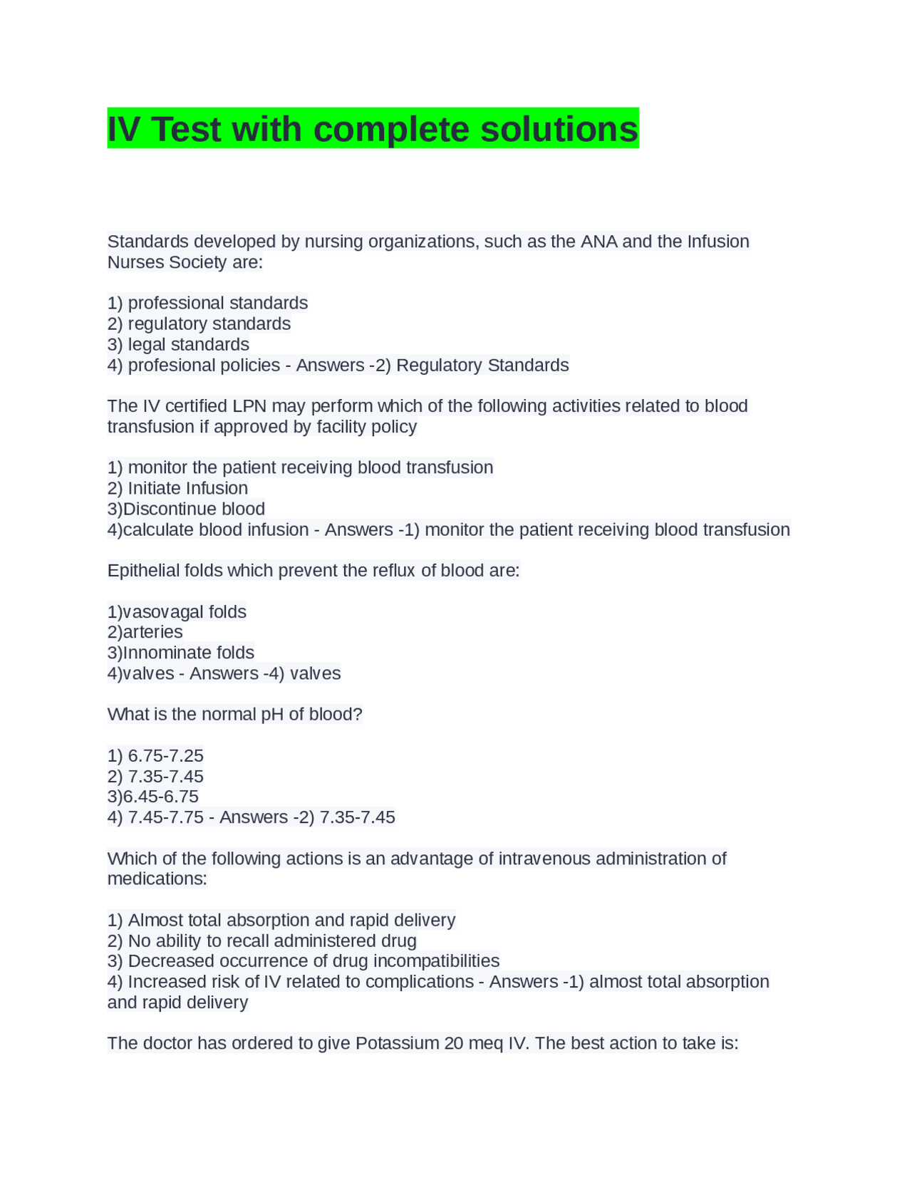 IV Therapy: Multiple Choice Questions and Answers | Exams Nursing | Docsity
