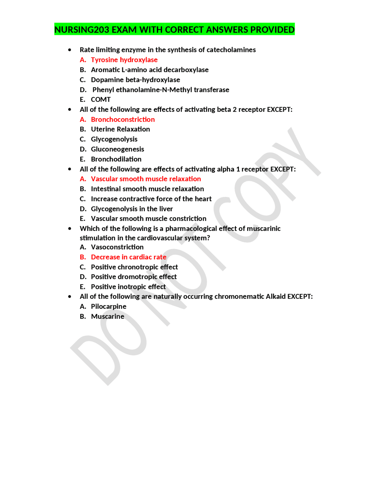NURSING203 EXAM WITH CORRECT ANSWERS PROVIDED | Exams Nursing | Docsity