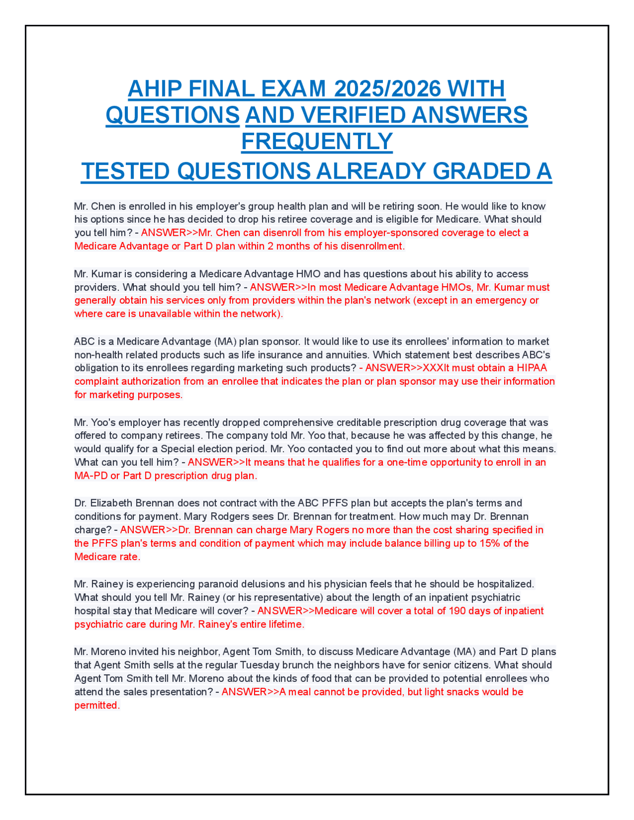 AHIP FINAL EXAM 2025/2026 WITH QUESTIONS AND VERIFIED ANSWERS ...