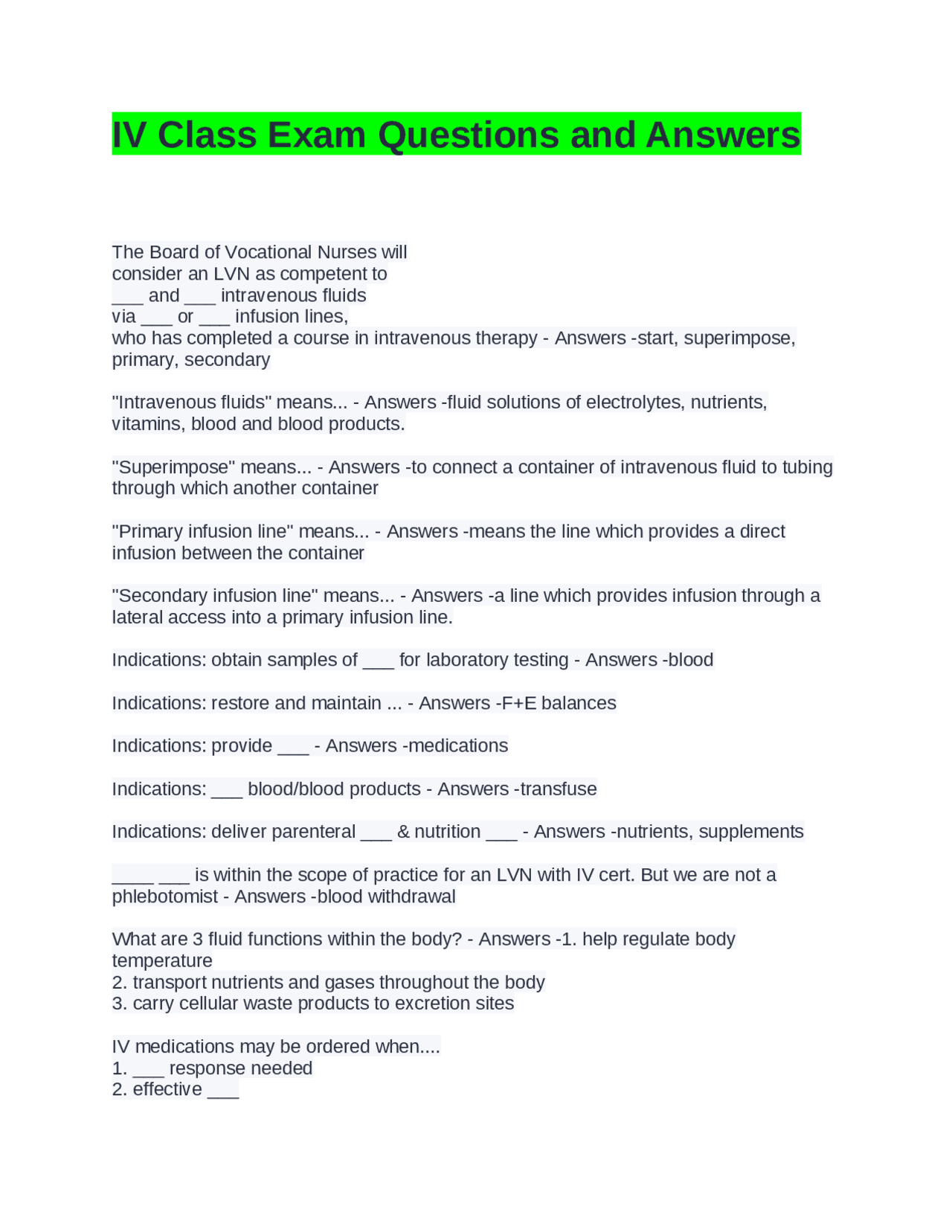 Sample Iv Questions IV Therapy Exam Questions and Answers for Vocational Nurses | Exams ...