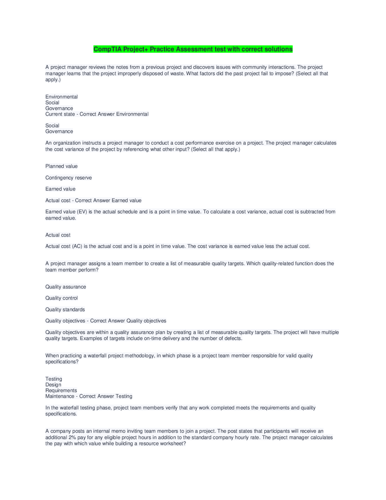 CompTIA Project+ Practice Assessment Test with Solutions | Exams ...