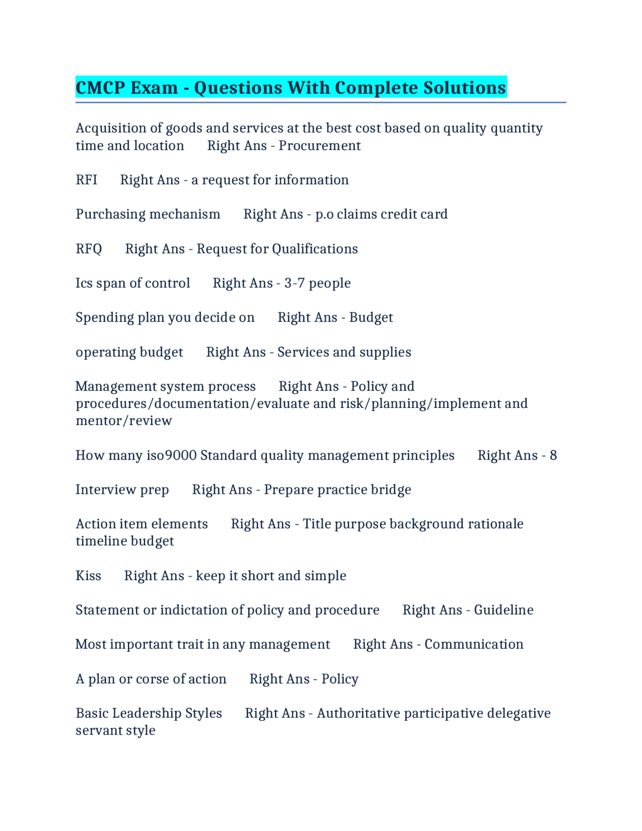 CMCP Exam - Questions With Complete Solutions | Exams Nursing | Docsity
