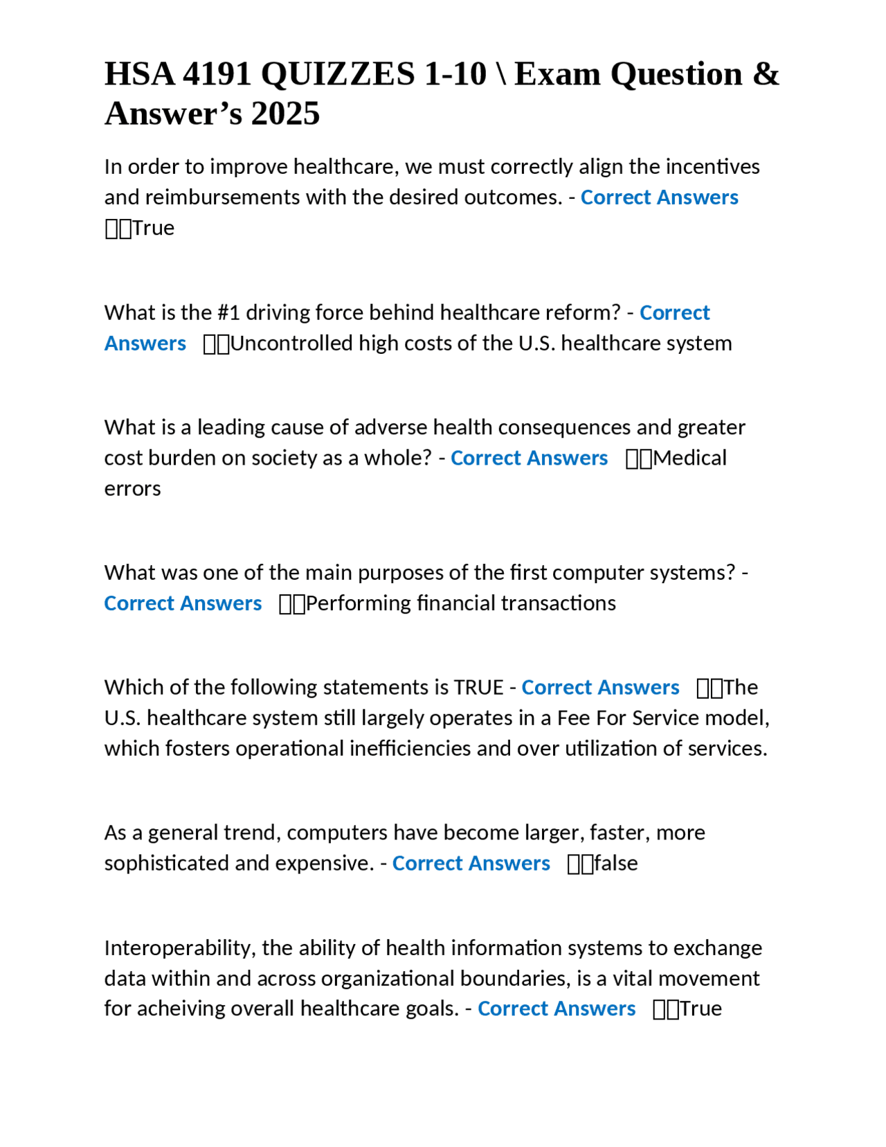 Hsa Questions HSA 4191 Quizzes 1-10: Exam Questions and Answers 2025 | Exams Nursing ...